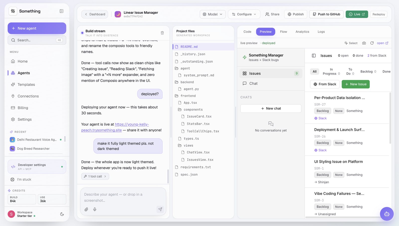Fig 02 — Left: the build stream, where the app gets edited by asking. Right: the live preview updating as it goes. The deploy took about as long as it takes to read this caption.