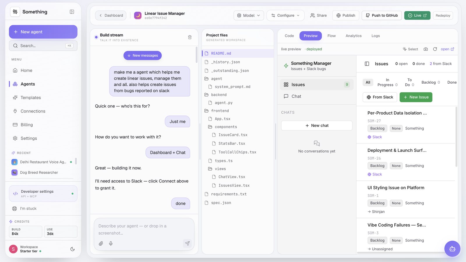 Fig 01 — The full brief, plus the two questions it asked before writing any code. The Slack connection request came before the first file did — which is the right order.