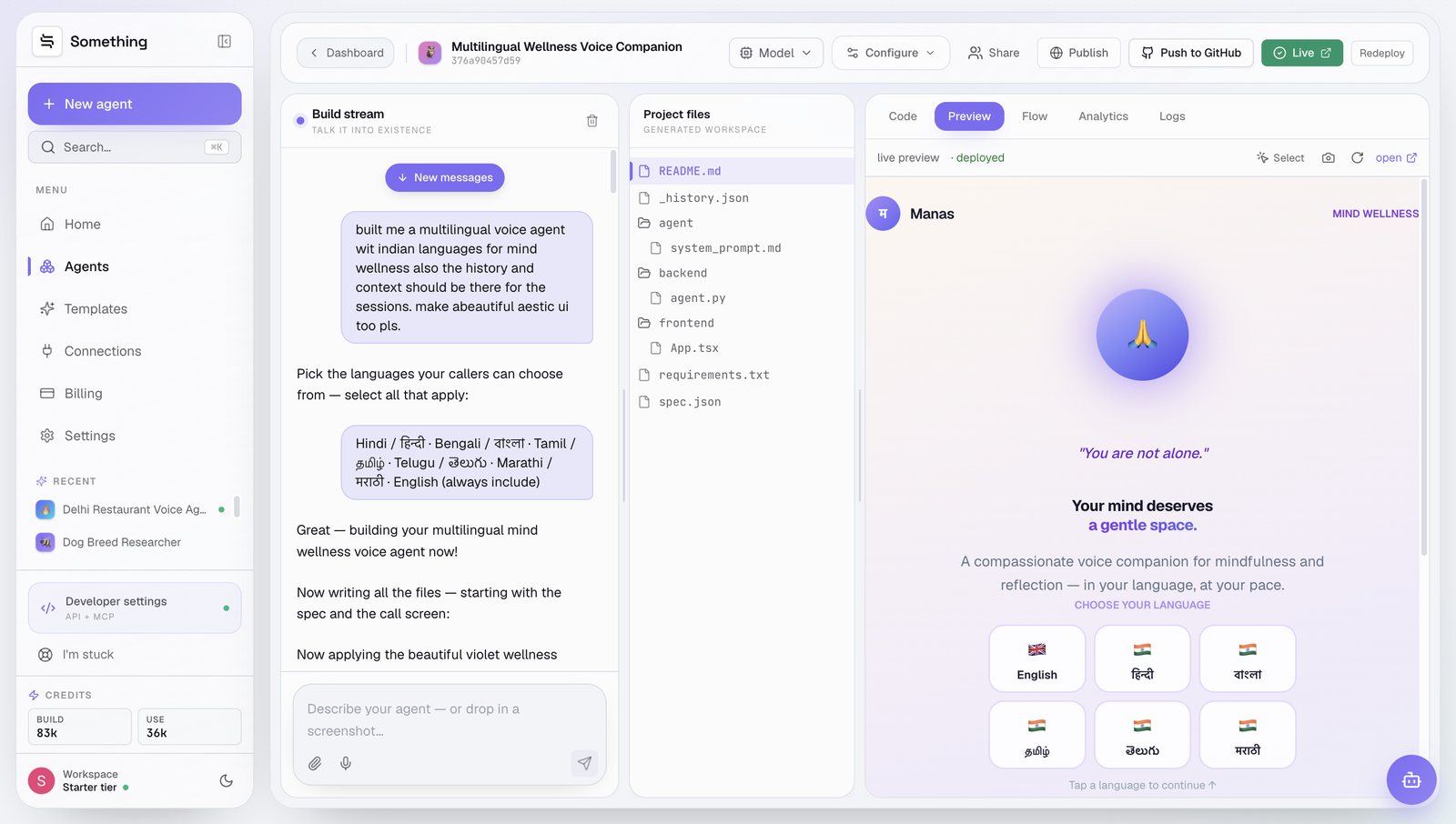 Fig 01 — The brief, the language question, and the live preview already rendering the language chooser on the right. Seven files in the workspace — no framework sprawl.